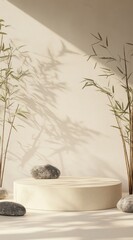 Poster - Calm Minimalist Interior With Natural Elements and Shadows Creating a Serene Atmosphere in Soft Lighting