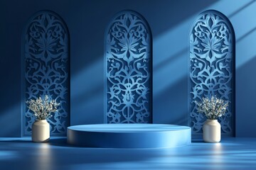 Poster - Elegant Blue Interior Featuring Intricate Wall Designs and Floral Arrangements Under Soft Lighting