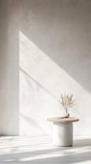 Poster - Elegant Minimalist Interior With a Flowering Branch in a Smooth Vase, Bright Natural Light Illuminating the Serene Space