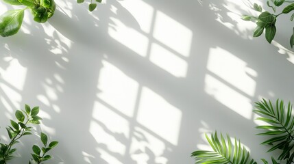 Poster - Bright and Airy Indoor Plants Casting Interesting Shadows on a White Wall During Afternoon Sunlight
