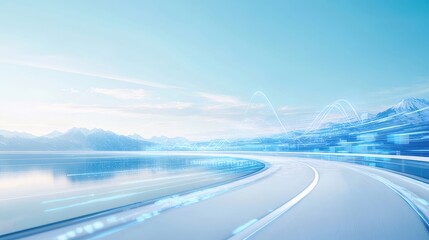 Aufkleber - 曲線を描く青い舗装路と青い水辺の風景 広がる空と光の中を走るドライブの爽快感
