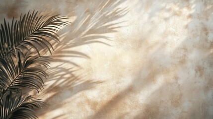 Poster - Palm Leaves Cast Intricate Shadows on a Textured, Light-Colored Wall, Creating a Serene Atmosphere Perfect for Relaxation