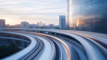 Aufkleber - 近代的な都市景観における曲がりくねった高架鉄道のクローズアップ 黄色い夕日の光と空の背景