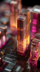 Poster - Close-up of amber-colored glass structures on a dark surface, resembling a futuristic cityscape, showcasing technological advancement and innovation