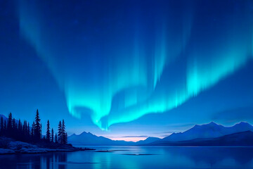 beautiful mountain landscape starry sky and northern lights.created with the help of artificial inte