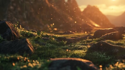 Poster - Serene Golden Sunrise Over a Tranquil River Surrounded by Lush Tropical Vegetation in a Secluded Nature Setting