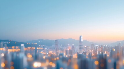 Aufkleber - 香港の夕暮れ時高層ビル群と光り輝く都市夜景 青とオレンジの空を背景に