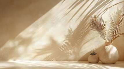 Poster - Soft Beige Background With Dried Grass Placed Elegantly, Creating a Tranquil and Warm Atmosphere in a Minimalist Setting