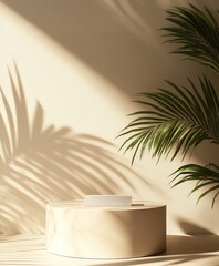 Poster - Natural Light Creates Soft Shadows on a Minimalist Marble Pedestal With a Simple Rectangular Object Surrounded by Palm Leaves in a Serene Setting