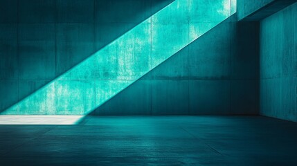 Poster - Shadows Cast by Sunlight Create Geometric Patterns on a Turquoise Wall in a Bright and Minimalistic Indoor Space