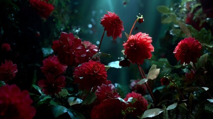 Poster - vibrant red flowers bloom in a serene forest with soft sunlight filtering through the trees during a