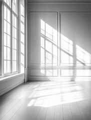 Poster - Light Streaming Through Large Windows Illuminates a Minimalist Room With Elegant Moldings in Soft Monochrome Tones