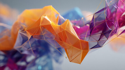 Poster - Abstract image of orange, purple, and blue geometric shapes connected by thin lines, creating a dynamic and flowing composition, showcasing modern design and technology