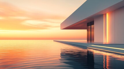 Poster - Modern Architectural Design Overlooking a Serene Ocean at Sunset With Reflections and Warm Colors Illuminating the Scene
