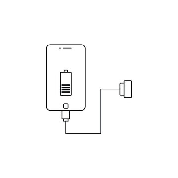 black linear phone with charging cable. stroke flat simple style trend modern logo graphic design lineart art isolated on white background. concept of easy gadget recharge and full charge of mobile