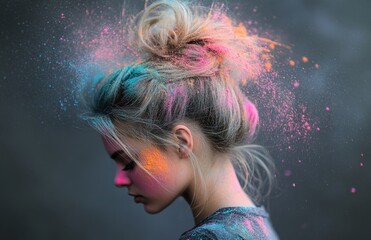 Poster - An abstract illustration shows a woman with her hair replaced by vivid, colorful splashes, symbolizing creativity, imagination, innovation, and brainstorming. The artwork is designed to promote