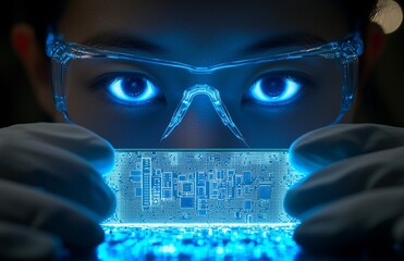 Poster - in a sterile environment, an engineer solders electronic parts onto a motherboard, assembling microc