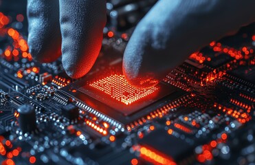 Poster - wearing sterile gloves, an engineer uses a special tool to solder electronic components onto a mothe