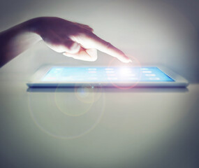 Poster - Hand, tablet and press on screen in closeup for application, ui and choice for dashboard, mockup or menu. Person, digital touchscreen and finger for scroll, typing or click with space, contact or ux