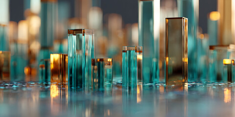 Poster - Abstract image of teal and amber glass blocks reflecting on a glassy surface, resembling a miniature cityscape, showcasing modern architecture and design concepts