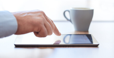 Poster - Man, hands and tablet for search at desk, planning and consultant for networking on internet. Male person, coffee and online for admin or business contact for project, website and typing proposal