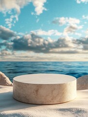 Poster - Calm Beach Setting With a Stone Platform Overlooking the Tranquil Ocean and Serene Sky at Sunset