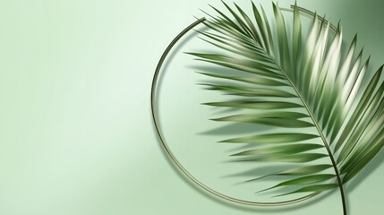 Poster - Tropical Palm Leaf on a Soft Green Background Enhances Natural Decor and Brings a Calming Ambiance to Various Settings in Daytime Light
