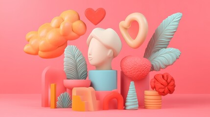 Poster - Colorful Abstract Sculpture Arrangement With Playful Shapes and a Human Figure Against a Vibrant Pink Background