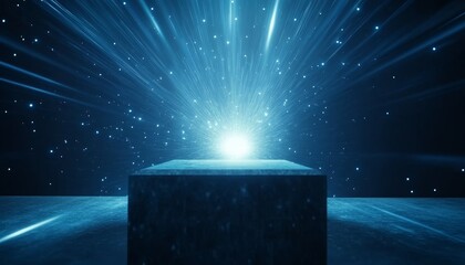 Poster - Bright Blue Light Bursts Radiating From a Circular Platform in a Darkened Space, Creating a Dynamic and Energetic Atmosphere for an Immersive Experience