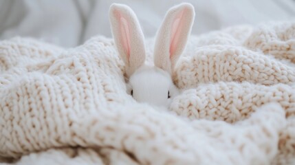 Poster - Pastel bunny ears peeking out of a cozy woolen blanket in a minimalist setting during a peaceful morning