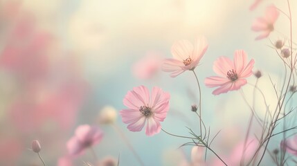 Poster - Dreamy pastel flowers create a soft bokeh effect with a calming gradient background in a serene outdoor setting during daytime