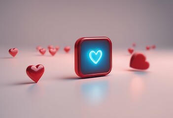 Wall Mural - wall icon red background neon isolated notification 3d white rendering social like rounded pin heart