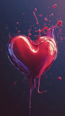 Poster - Vibrant Heart Shape Splashed With Red Liquid Against a Dark Background Creating a Striking Visual Effect of Love and Passion
