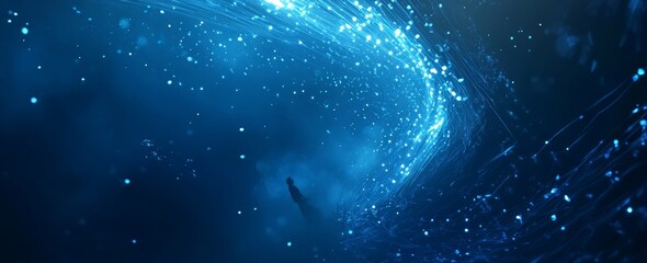 Poster - Vibrant Blue Tunnel Illuminated With Lights Creates a Futuristic and Immersive Experience for an Avant-Garde Setting