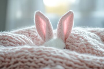 Aufkleber - Pastel bunny ears peeking out of a cozy woolen blanket in a minimalistic setting during a soft afternoon light