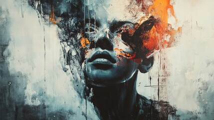 Poster - Artistic Representation of a Human Face Blending With Abstract Shapes and Colors, Emphasizing Emotion and Expression in a Modern Art Style
