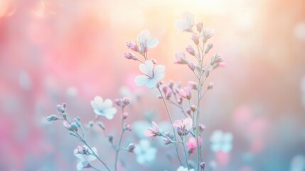 Poster - Delicate out-of-focus flowers bathed in soft pastel gradient light create a whimsical and dreamy atmosphere