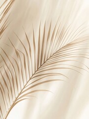 Poster - Minimalist Design Featuring a Single Palm Leaf Against Soft Sand-Toned Background Creating a Serene Atmosphere for Relaxation and Meditation