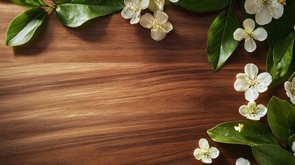 Poster - Natural Sunlight Illuminating Wooden Surface Surrounded by Delicate White Flowers and Green Leaves During a Serene Afternoon in a Garden