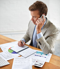Poster - Business man, phone call and statistics, documents or writing notes for financial advice and planning. Professional accountant or advisor graphs, charts and feedback on mobile with invoice in office