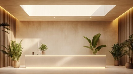 Poster - Bright reception area with skylight, neutral palette, and fresh floral arrangement