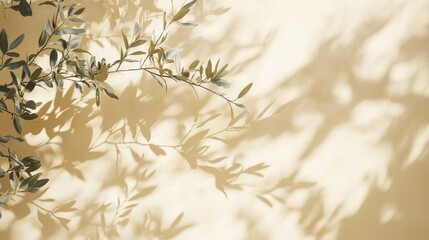 Poster - Delicate Shadows of Olive Leaves Cast on a Warm Beige Wall Create a Serene and Tranquil Atmosphere in Natural Light