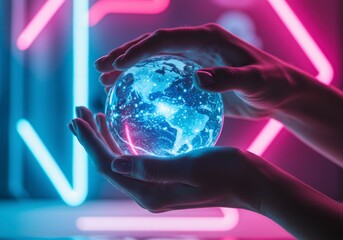 holding glowing world globe in hands against neon backdrop