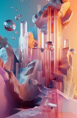 Poster - Abstract Sculpture of a Female Head Surrounded by Colorful Geometric Shapes Against a Clear Blue Sky