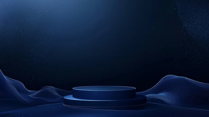 Poster - Dark Blue Abstract Background With a Circular Podium on a Wavy Landscape and Starry Atmosphere Ideal for Presentations and Events
