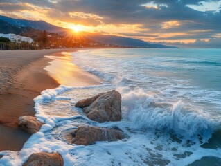 Poster - Waves Gently Crash Against Rugged Rocks in a Serene Coastal Landscape With Mountains in the Distance During a Cloudy Moment of Twilight