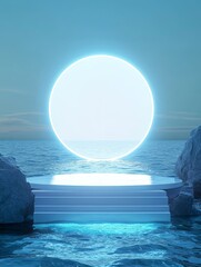 Poster - Mysterious Stone Platform Illuminated by Moonlight in Serene Waters Surrounded by Dark Mountains at Night