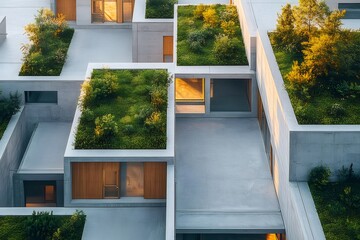 Poster - 都会的な建築の空中ビュー 構造のコントラスト 太陽光と緑の植物が特徴的な幾何学的なデザイン