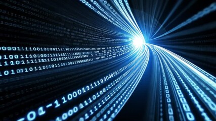 Aufkleber - Digital Data Stream: Abstract Visualization of Binary Code Flowing Through a Tunnel of Light