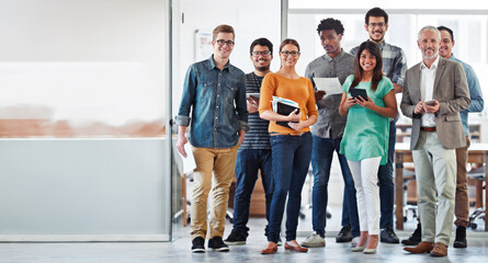 Poster - Portrait, people and happy in office with documents for teamwork, collaboration and plan as graphic designer. Employee, confident and smile for creativity, planning and brainstorming for project